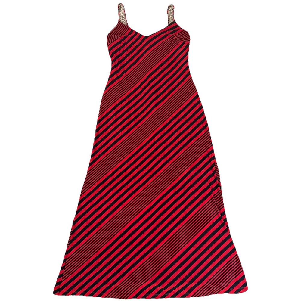 Lauren Ralph Lauren Maxi Dress Blue & Red Striped V Neck Sz 10,  Nautical, Prep